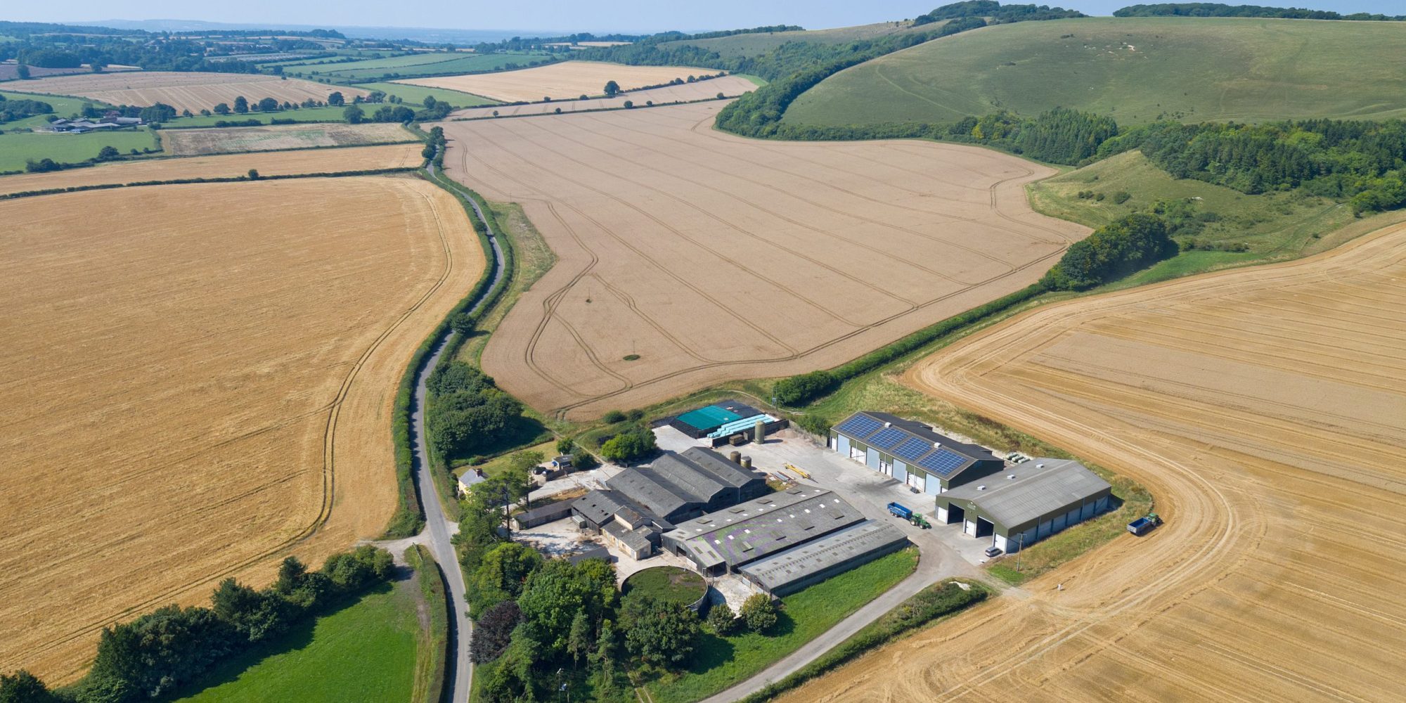 Aerial,View,Of,Farm,Buildings,Surrounded,By,Fields,Of,Wheat
